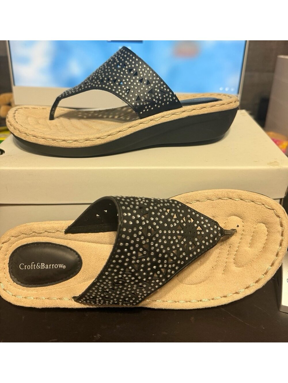 Croft & Barrow Women's Batik Slip On Comfort Thong Sandals Black